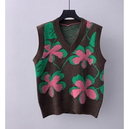 V-neck knitted Vest Womens Sweater Spring New Korean Loose Jacquard 3d flower Sweater Vest Women Sleeveless Sweater