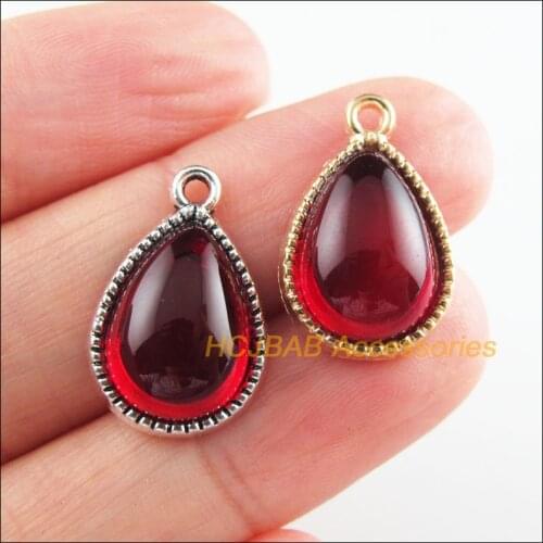 10Pcs Tibetan Silver Tone & Gold Color Teardrop Flower Red Glaze Charms Pendants 13x19.5mm