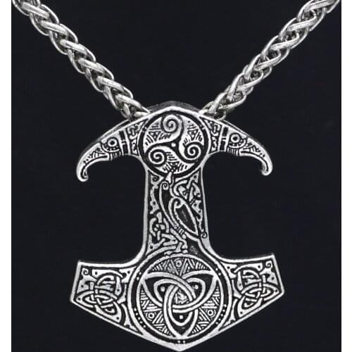 10pcs Youe Shoe Men Viking Talisman Thor Hammer Amulet Hammer Odin Raven Symbol Knot Necklace Metal Chain Double Side
