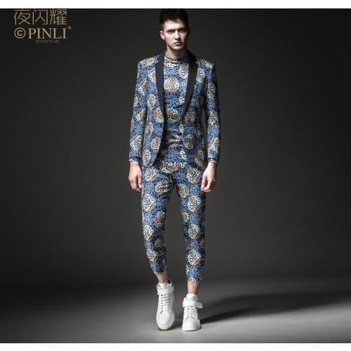 Free Shipping mens male man casual Night shines 2019 printed suit jacket BY183106064 and cropped trousers BY183115066 2 pcs set