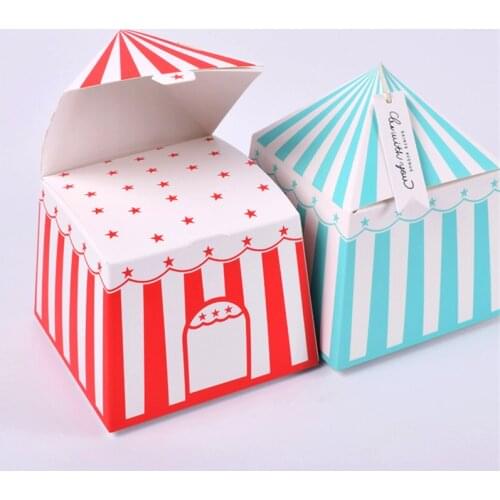 20pcs Circus Theme Red and Blue Stripe Cartoon House Candy Box Kids Birthday Wedding Party New Year Decoration Supplies Shower