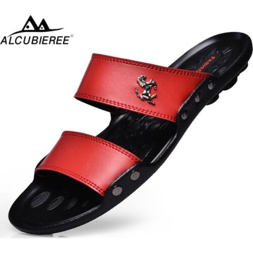 ALCUBIEREE Summer Mens Peep Toe Shoes Man Breathable Sandals Fashion PU Leather Slippers Lightweight Beach Shoes Casual Slides