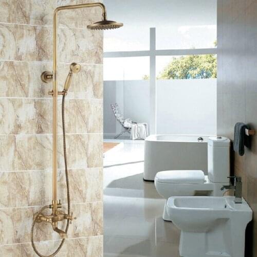 Antique Brass Two Cross Handles Bathroom Rain Shower Faucet Set Tub Mixer Tap + 8" Round Rain Shower Head + Handshower ars024