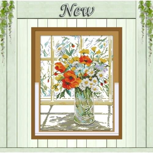 Flower vase on windowsill,Pattern print on the canvas DMC 11CT 14CT Cross Stitch kit,needlework embroidery Set,beautiful Flowers