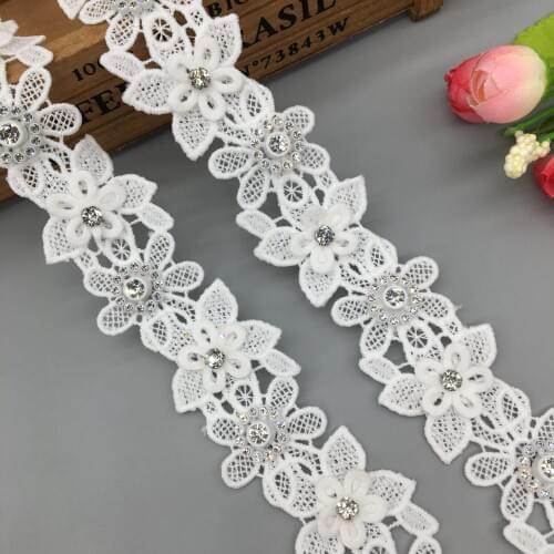 1 yard Polyester White Pearl Rhinestones Flower Embroidered Lace Trim Ribbon Applique DIY Manual Wedding Sewing Craft Decoration