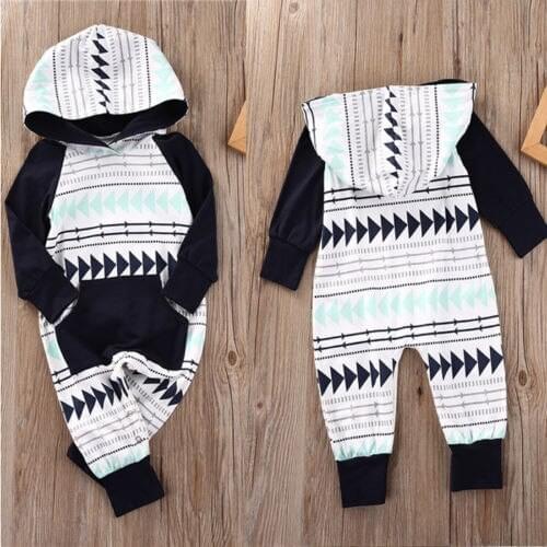 Toddler Baby Infant Boy Girls Geometric Pocket Rompers Jumpsuit Hooded Clothes Kids Long Sleeve Cotton Set
