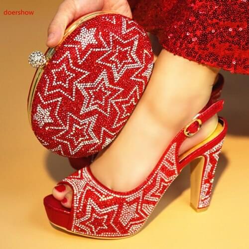 Doershow African red PU Shoes And Bag Matching Set With Stones Shoes Women Italian Shoes And Bag Set For Party Wedding SBT1-13