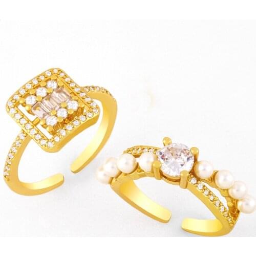 FLOLA Double Layer Freshwater Pearl Stone Open Cuff Rings Cubic Zirconia Square Finger Ring Gold Plated Jewelry Gifts rigk64