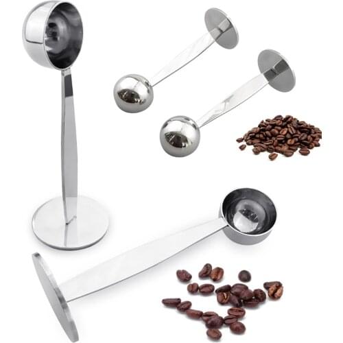 Hot 2 in 1 Stainless Steel Coffee Tamper Measuring Spoon Scoop with Stand Espresso Coffee Bean Tea Spoon Coffeeware Kitchen Gadg