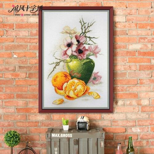 Hibiscus and autumn orange cross stitch kit DMC brand thread animal dog count canvas fabric embroidery handmade needlework
