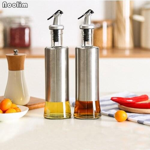 NOOLIM 1pc 350ML Kitchen Glass Oil Bottle Stainless Steel Leak-proof Soy Sauce Vinegar Cruet Storage Dispenser Kitchen Storage