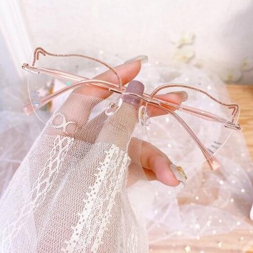 New Fashion Anti-blue Light Retro Net Red Cat Glasses Frame Frameless Diamond Custom Myopia Gradient Color Hyperopia Lens