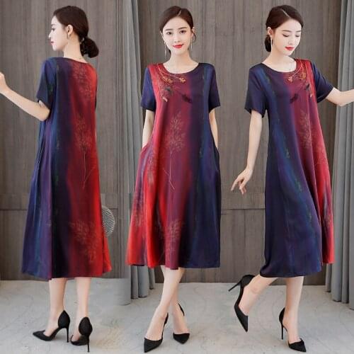 COIGARSAM 4XL Plus Size Loose Women dress New Summer Silk Dresses Red 1303