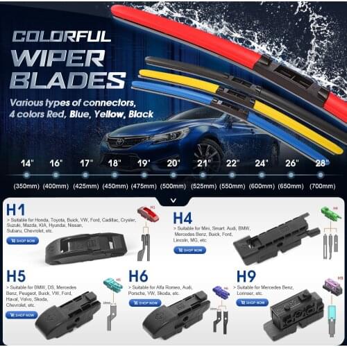 HESITE Colorful Wiper Blades Red Blue Yellow Black 14" 16" 18" 20" 22" 24" 26" 28" For KIA Mercedes Bens Honda Toyota Buick Ford