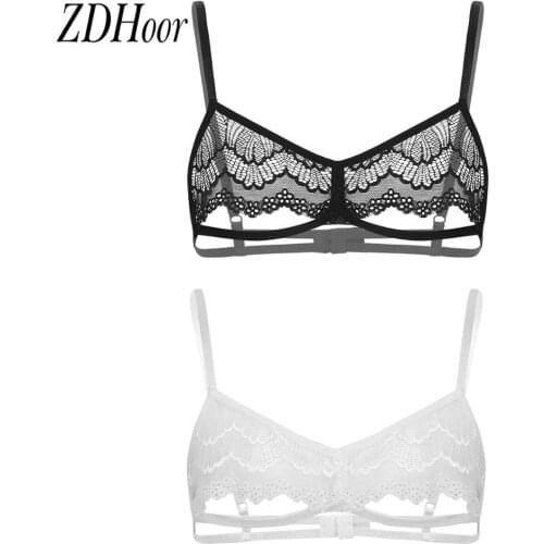 Sexy Mens Sissy Erotic Underwear See Through Lace Lingerie Adjustable Shoulder Strap Hollow Out Half Chest Wire-free Unlined Top