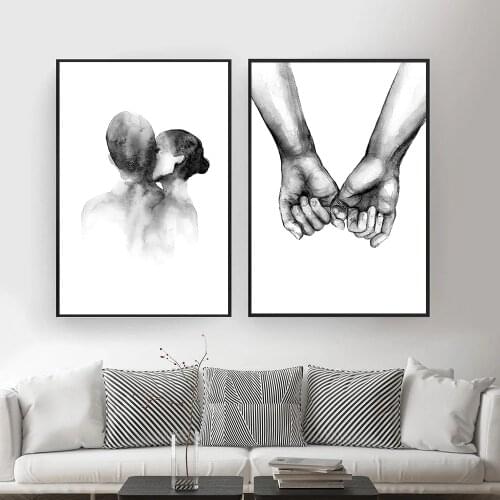 Nordic Black and White Couple Kiss Hand Wall Art Canvas Poster Minimalist Print Love Painting Picture for Living Room Home Decor