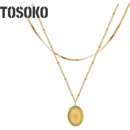 TOSOKO Stainless Steel Jewelry Double Blade Chain Bead Chain Oval Meter Shaped Pendant Womens Fashion Stacked Necklace BSP969
