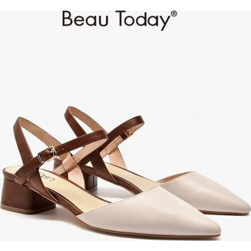 Women Sandals Genuine Calfskin Leather Pumps Pointed Toe Ankle Buckle Strap Mixed Colors Mid Heel Shoes Handmade BeauToday 31065