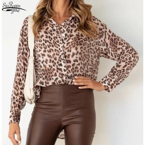 Fall 2021 Leopard Print Stitching Woman Shirt Printing Button Dovetail Blouse Long-sleeved Loose Shirt Female Blusas Mujer 16086