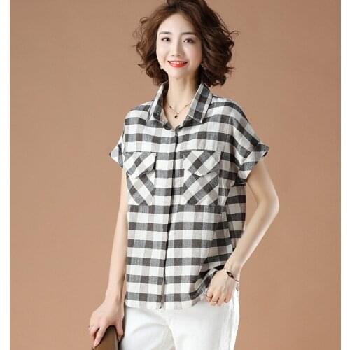 Plus Size Women Summer Cotton Casual Shirts New Arrival 2021 Simple Style Vintage Plaid Loose Female Short Sleeve Tops B100