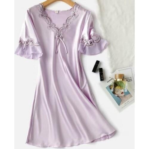 Female Satin Home Dressing Gown Intimate Lingerie Casual Short Nightdress Homewear Lace Sexy V-Neck Nightgown Sleepwear