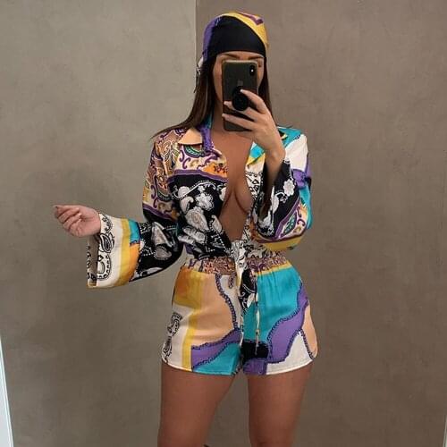 3 Pieces Set Sexy 2021 Summer Autumn Fashion Women Set Female Tops Floral Print Long Sleeve Shirt And Elastic Waist Shorts Scarf
