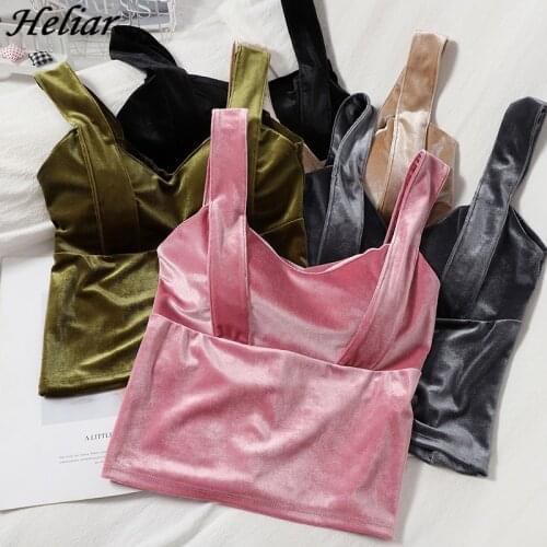 HELIAR Vintage Winter Velvet Crop Top Women Sexy V Neck Camisole Elegant Ladies Backless Crop Top Pink Tank Top Bra Crop Tops