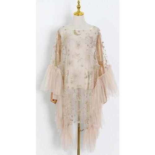 Ladies O-Neck Sequin Dress Print See-Through Sexy Patchwork Mesh Oversized Flared Sleeve Dress 2021 Ladies Fashion Chic Skirt