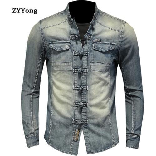 Fashion Long Sleeve Stand Collar Mens Denim Shirt Slim Soft Comfortable Motorcycle Style Streetwear Leisure Blue Thin Coat