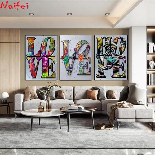 5D DIY Diamond Painting Abstract Graffiti Art Colorful Letter"Love,Hope,Kiss"Wordart Diamond Embroidery Mosaic Kit Home Decor