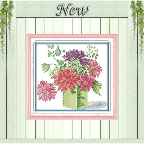 Dahlias flowers vase beautiful decor Painting Counted Print on canvas DMC 14CT 11CT Cross Stitch Needlework Kits Embroidery Sets