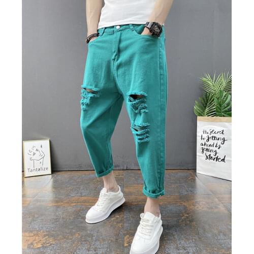 Mens Jeans Big Holes Zipper Cotton Loose Softener Mid Casual Cropped Harem Trousers Tie-Ankle Buttons Denim Pencil Pants