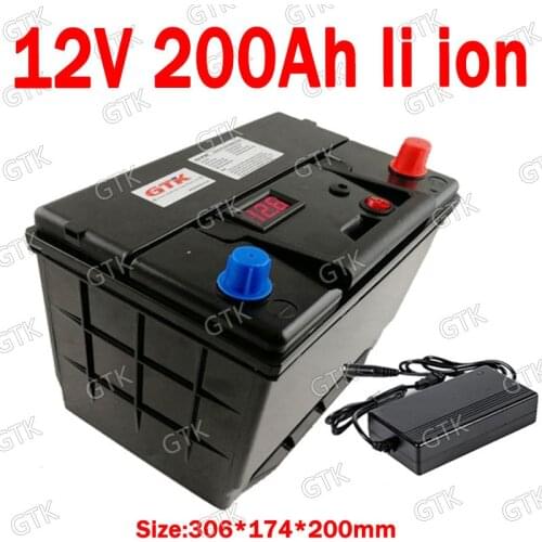 GTK 12V 200AH lithium ion battery ABS case with BMS for 1200W inverter Forklift AGV Solar energy storage+10A Charger