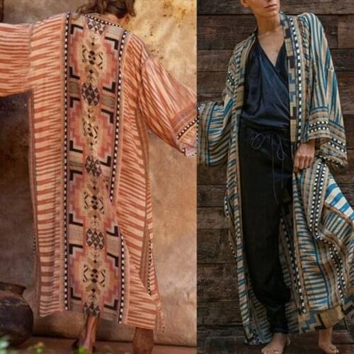 77JE Women Bohemian Long Sleeve Kimono Cardigan Vintage Geometric Pattern Belted Open Front Tops Blouse Shirt Beach Bikini Cover