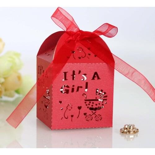 50pcs Laser Cut A Girl Candy Boxes Sweets Favor Gift Boxes With Ribbon For Baby Shower Baptism Birthday Easter Party Decoration