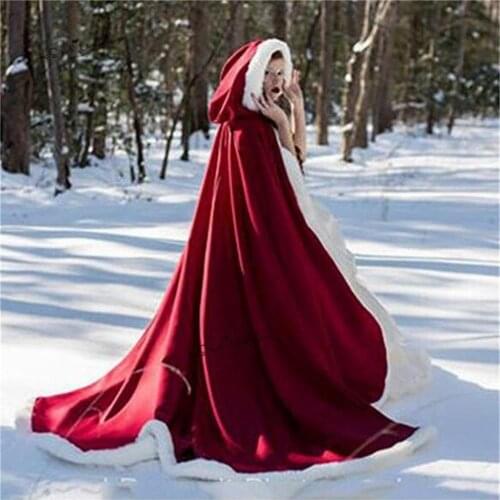Red Hooded Bridal Cpae Warm Fur Trim Winter Cape Stunning Wedding Cloaks Hooded Long Party Wraps Jacket Bridal White/Ivory Wrap