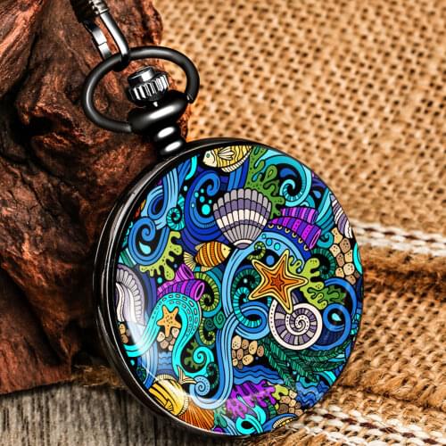 Fashionable Gift Sea World Painted Pattern Pocket Watch Men Women Pendant Necklace Chain Alloy Retro Watches for Friend Relogios
