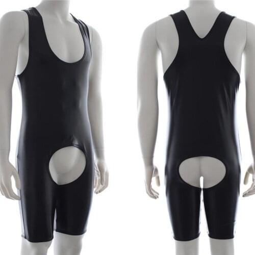 Men Faux Leather Crotchless Open Butt Leotard Wrestling Singlet Wet Look Briefs Rompers Male Gay Fetish Bodysuit Costume