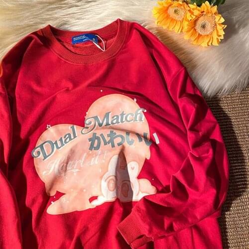 New Harajuku Cute Rabbit Letters Printing Sweatshirt O-neck Fashion 2 Colors Japanese 2021 Winter Tops Long Sleeve Teens Clothes