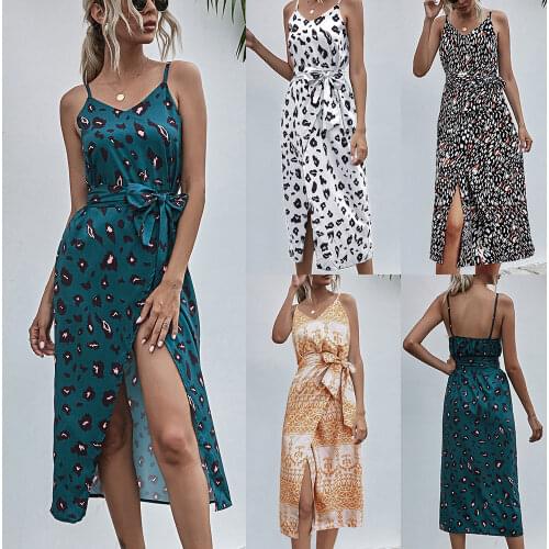Summer Women Ladies Middle Length Long Dress Camisole Printing Sleeveless Split Hem Sexy Casual Daily Wear Female Clothes