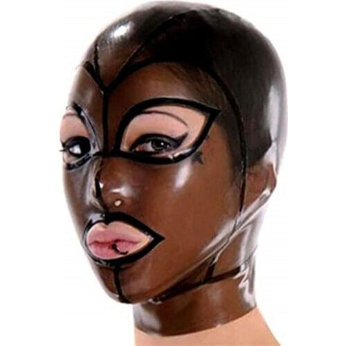 Transparent Black Latex Hood Back Zipper Beautiful Girl Rubber Mask Club Wear adult toy harness