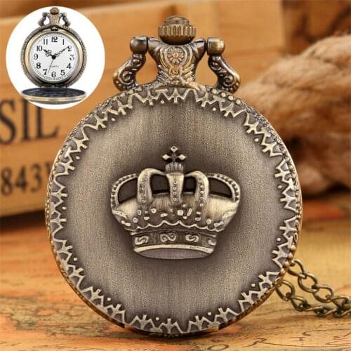 Crown Pattern Design Full Hunter Case Unisex Pocket Watches Quartz Analog Movement Clock Bronze Replacement Sweater Chain Gift