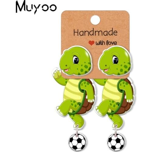 2021 New Cute Turtle Loves Football Soccer Epoxy Acrylic Resin Stud Earrings Handcraft Jewelry Earrings