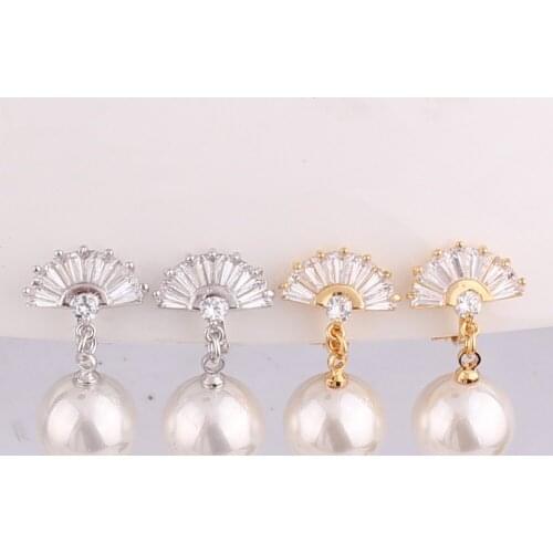 Grace Jun New Arrival Sector Shape Clip on Earrings for Women Party Gogeous AAA CZ Faux Pearl No Ear Hole Earrings Anti-allergy