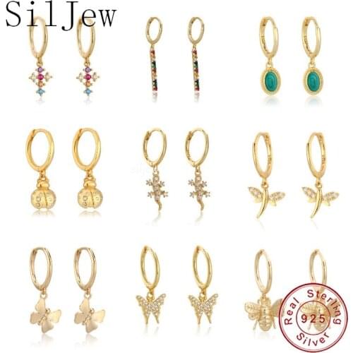 SilJew 925 Sterling Silver Gold Rainbow CZ Cross Pendiente Drop Round Earring 2020 Rock Punk Trends European Circle Earring 2021