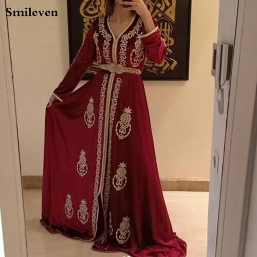 Smileven Chiffon Moroccan caftan Evening Dresses Long Sleevees V Neck Muslim Special Occasion Dress Crystal Evening Party Gown