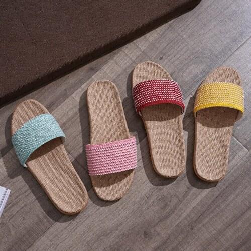 Summer Women/Male House Hold Linen Slippers Fashion Breathable Beach Slides Ladies Indoor Home Non-Slip Flat Shoes Flax Sandals