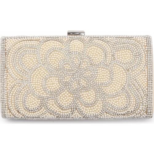 Woman Clutch Bag Metal Frame Evening Bag Rhinestones Mellow Artificial Pearls Decor Shoulder Bag with 2 Removable Chains Gold