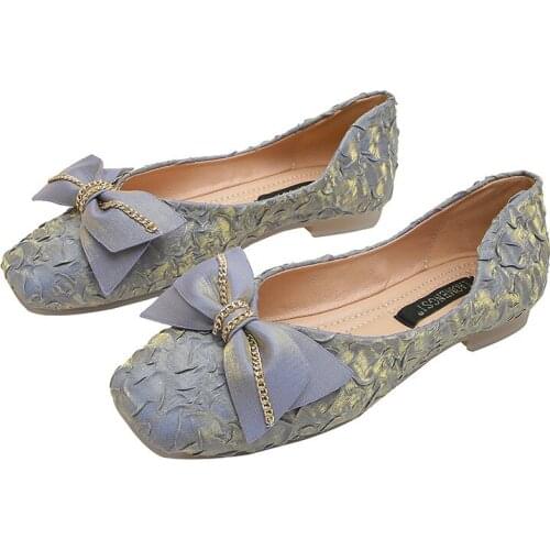 YSHUNIJ Bow womens shoes 2021 net red new square head bean single shoes women 43