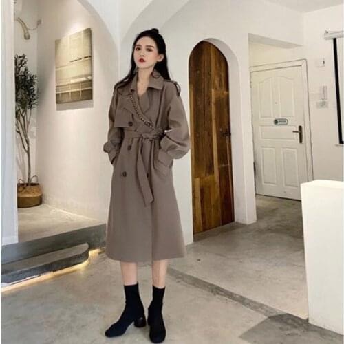 2021 New Autumn Winter Elegant Women Double Breasted Solid Trench Coat Vintage Turn-down Collar Warm Trench with Belt